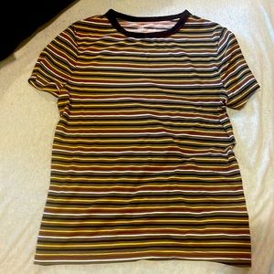 A green T-shirt, short sleeved, with yellow, Burgundy, white, and black stripes.